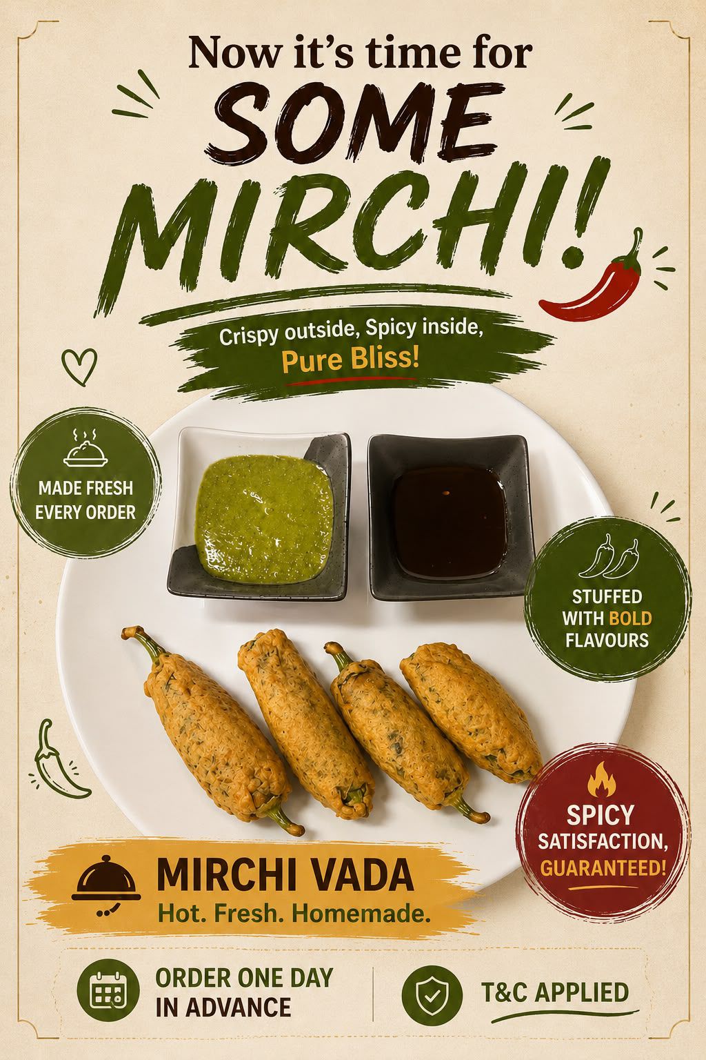 Mirchi Vada - crispy spiced chili fritters with chutneys, homemade Indian street food in Tokyo